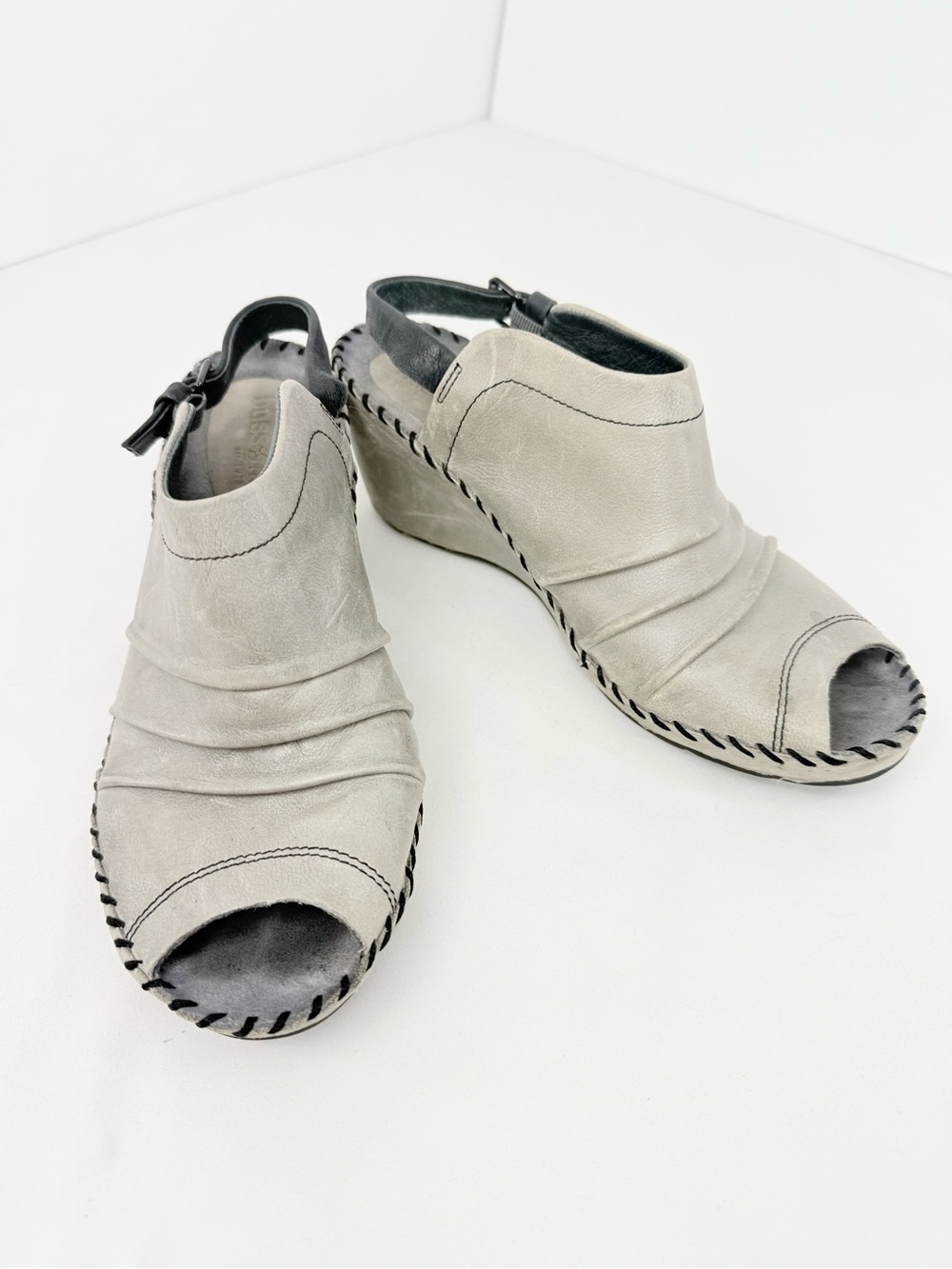 Bussola BARACOA Taupe Gray Ruched Leather  Open toe Glove Wedge Slingback Sandal